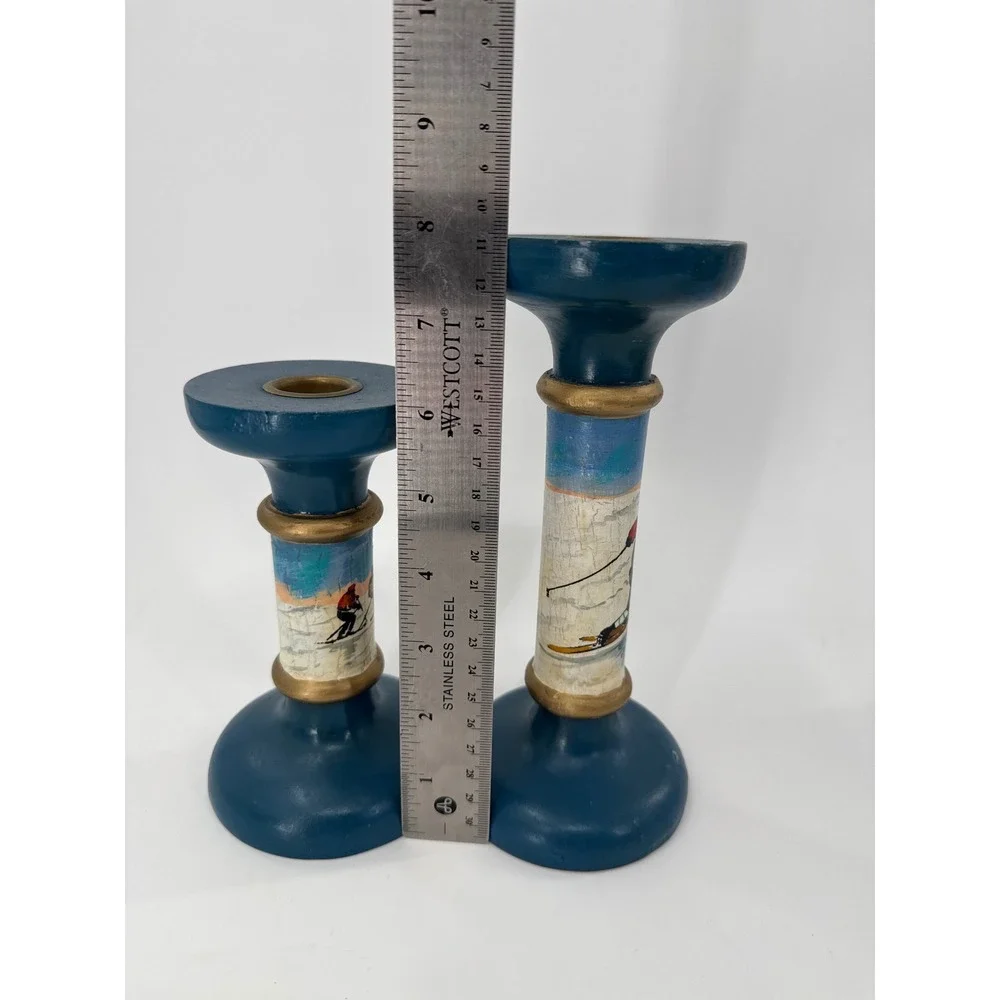 Robert M Weiss Candlestick Holder Set Blue Ski Scene Hand Painted Wood Folk Art
